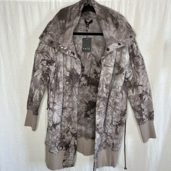 Fate Brown Tan Hooded Tie Dye French Terry Jacket NEW‎ Size Medium Open Front